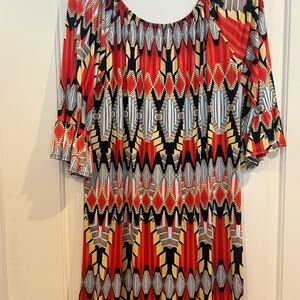 Red Geometric Print Midi Dress with Scoop Neck